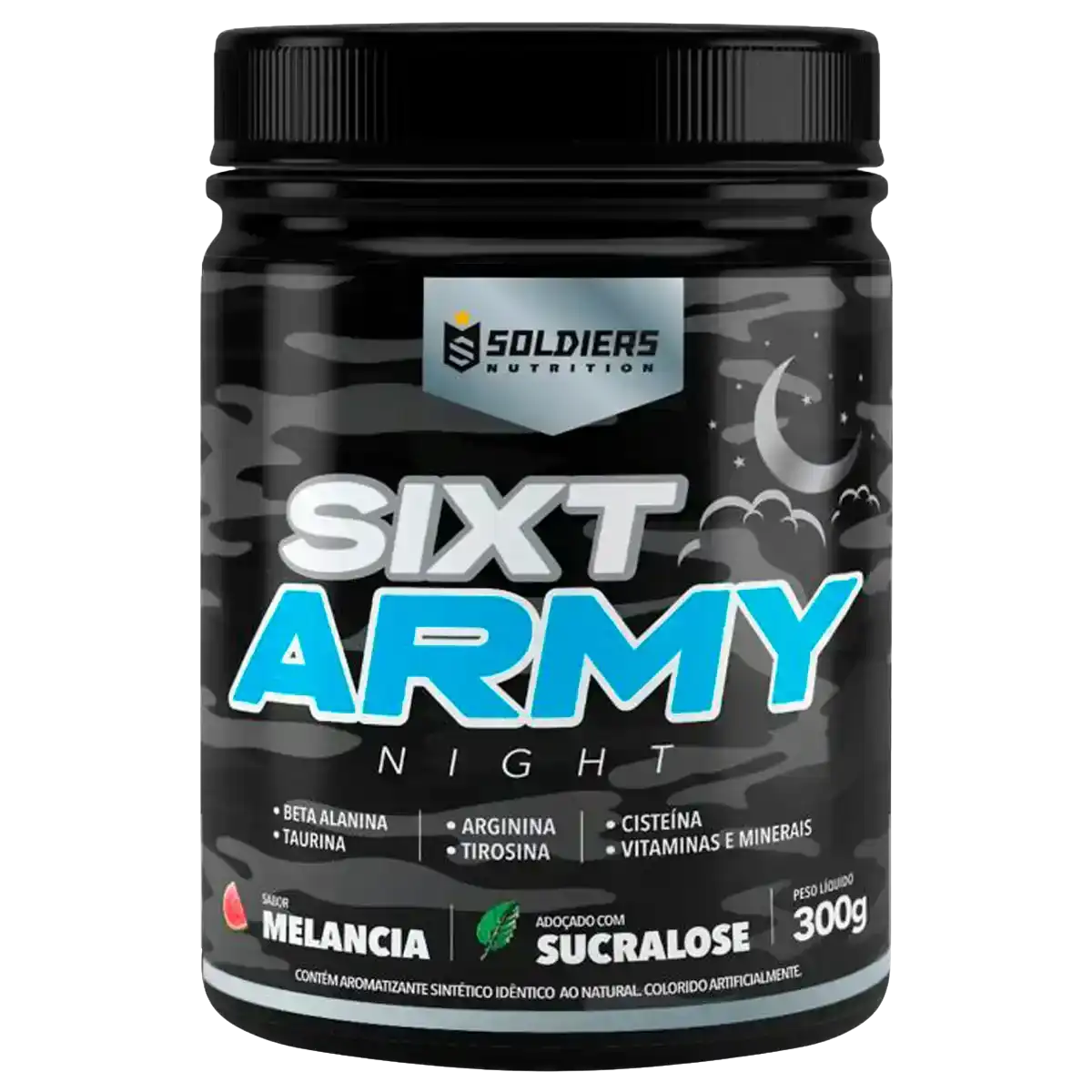 Pote preto de suplemento Sixt Army Night sabor melancia, 300g, com detalhes de lua e estrelas na embalagem.