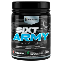 Pote preto de suplemento Sixt Army Night sabor melancia, 300g, com detalhes de lua e estrelas na embalagem.