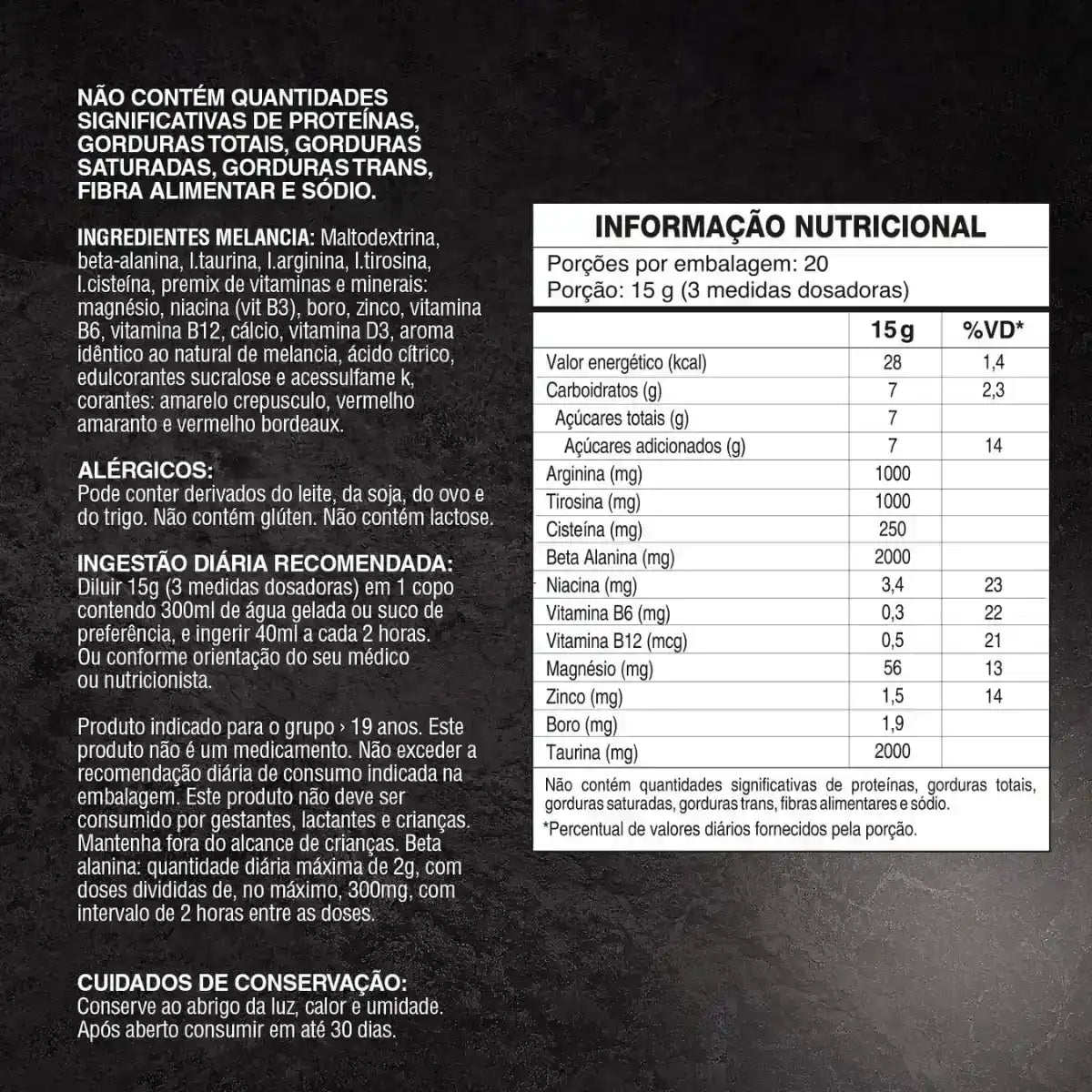 Rótulo de suplemento alimentar com tabela nutricional, ingredientes e recomendações de uso em português.