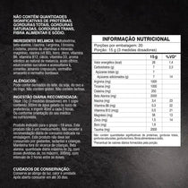 Rótulo de suplemento alimentar com tabela nutricional, ingredientes e recomendações de uso em português.