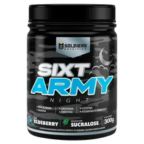 Pote de suplemento alimentar em pó sabor blueberry, 300g, com ingredientes como beta alanina, taurina, arginina, vitaminas e minerais, rótulo preto com detalhes de lua e estrelas.