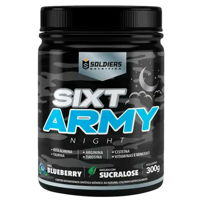 Pote de suplemento alimentar em pó sabor blueberry, 300g, com ingredientes como beta alanina, taurina, arginina, vitaminas e minerais, rótulo preto com detalhes de lua e estrelas.