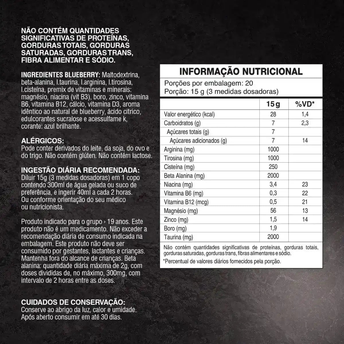 Tabela nutricional e ingredientes de suplemento alimentar sabor blueberry, com vitaminas, minerais e aminoácidos.