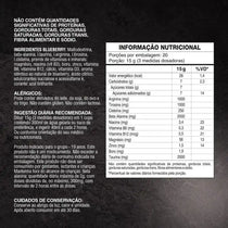 Tabela nutricional e ingredientes de suplemento alimentar sabor blueberry, com vitaminas, minerais e aminoácidos.