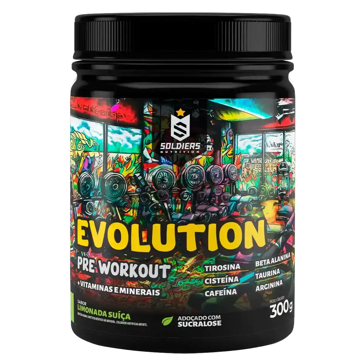 Suplemento pré-treino Evolution 300g, rótulo colorido, sabor limonada suíça