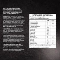 Tabela nutricional e ingredientes de suplemento alimentar em pó, informações em português.