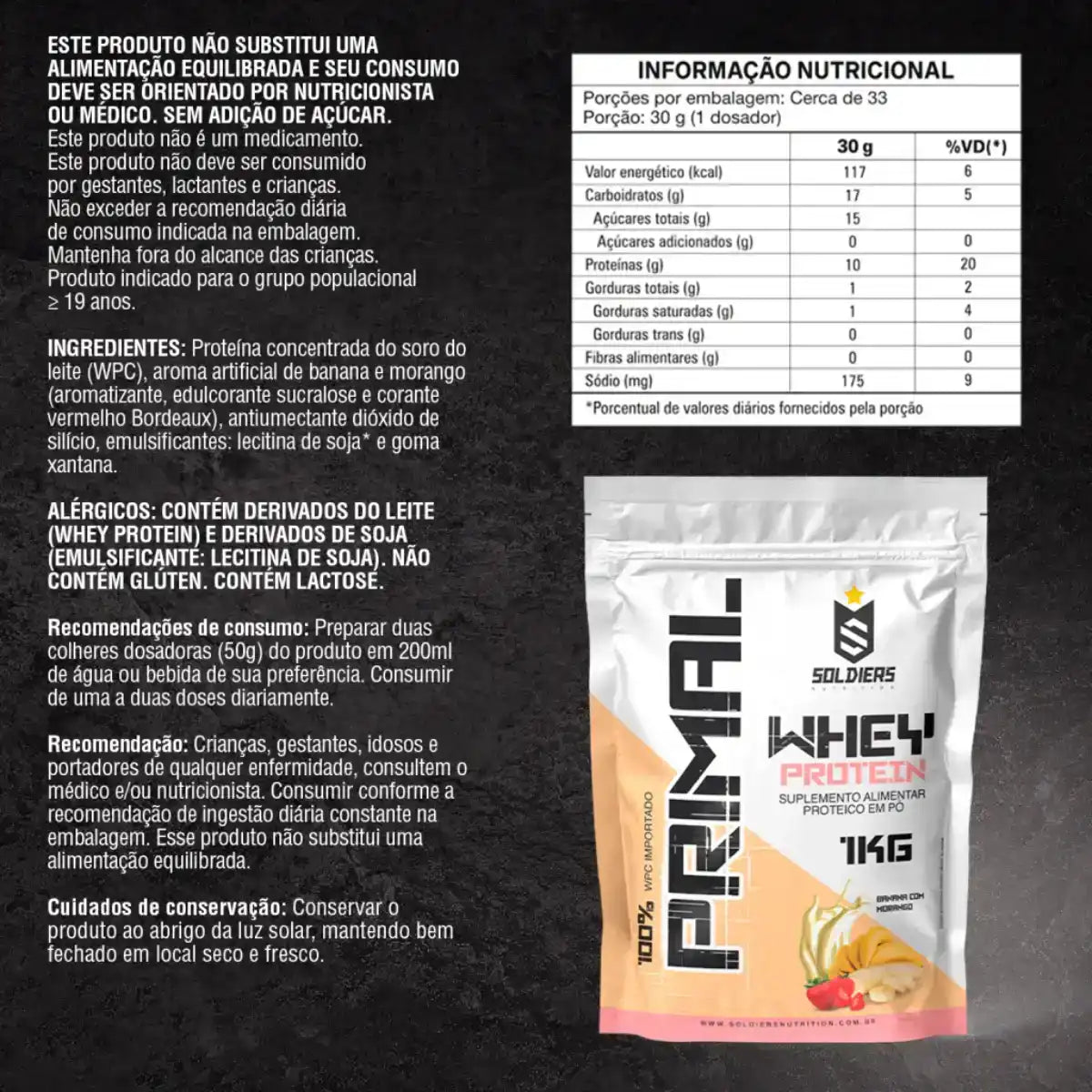 Embalagem de suplemento alimentar Primal Whey Protein sabor banana e morango, com informações nutricionais e ingredientes em português, sobre fundo preto.