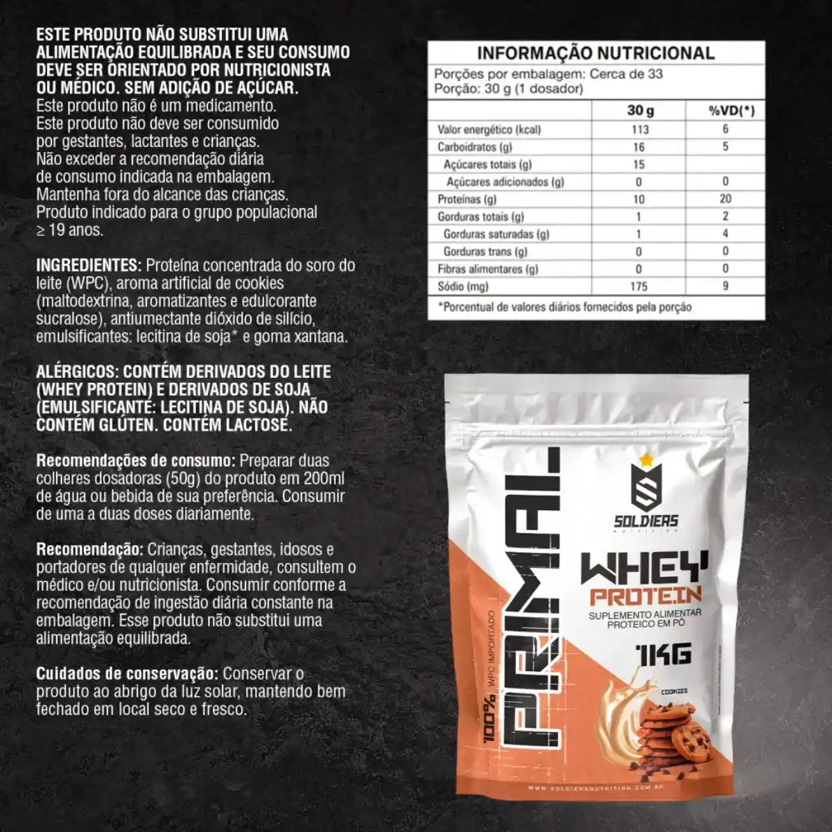 Embalagem de suplemento whey protein sabor cookies, informações nutricionais ao fundo.