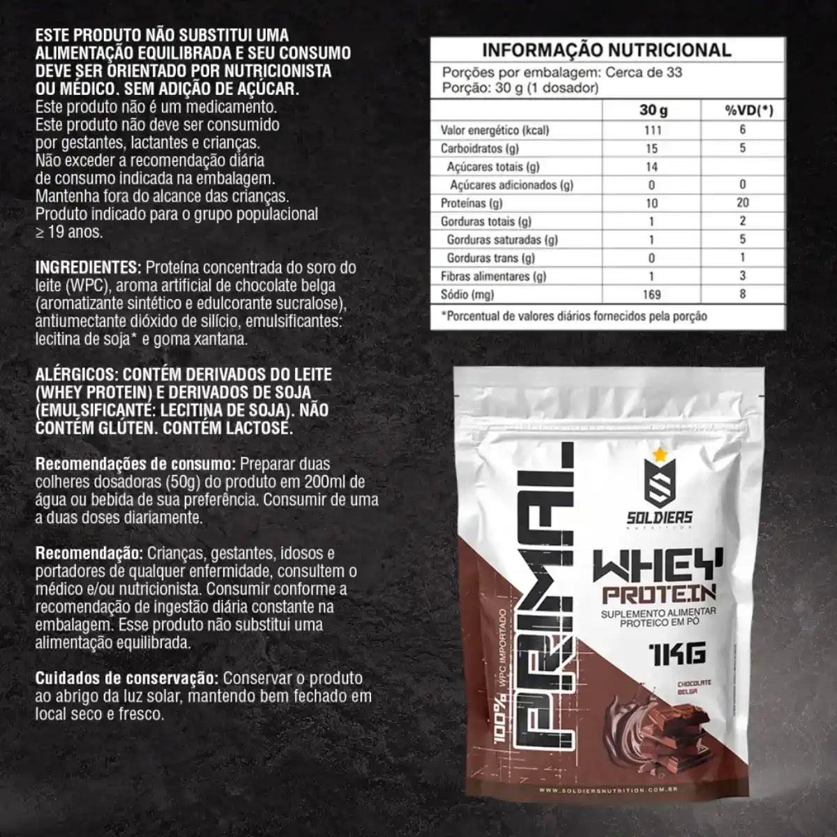 Embalagem de Whey Protein sabor chocolate, 1kg, suplemento alimentar em pó, com tabela nutricional ao lado.