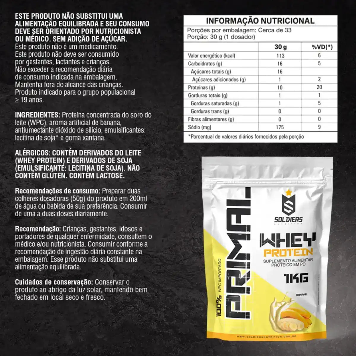 Embalagem de whey protein sabor banana de 1kg ao lado de tabela nutricional e instruções de uso.