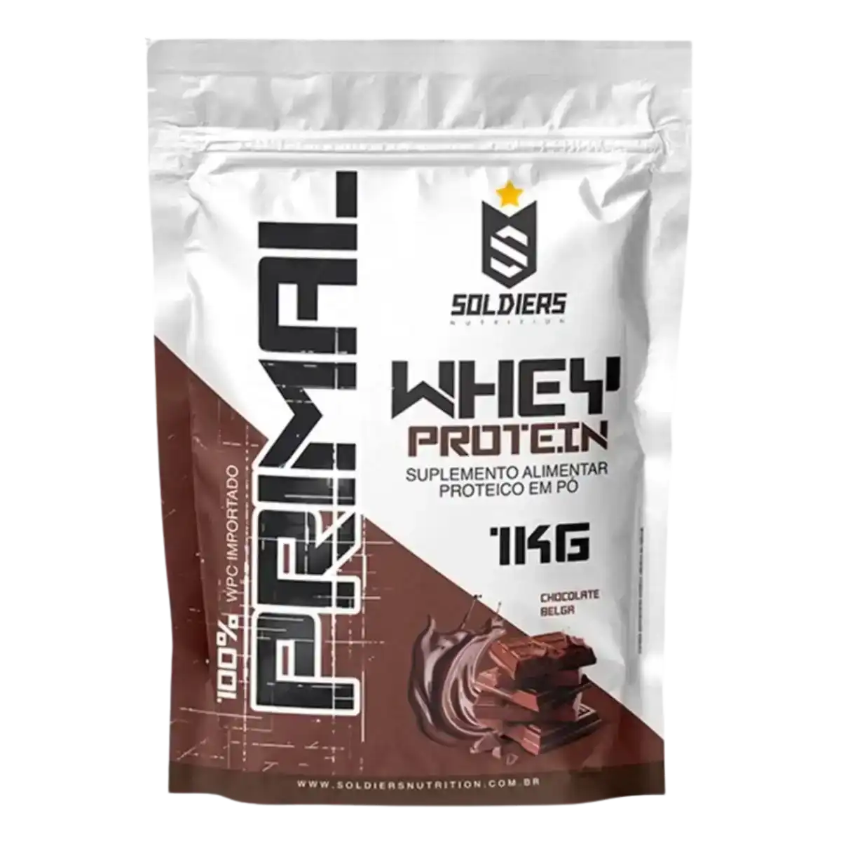 Embalagem de suplemento alimentar whey protein sabor chocolate belga, 1kg, proteína em pó.