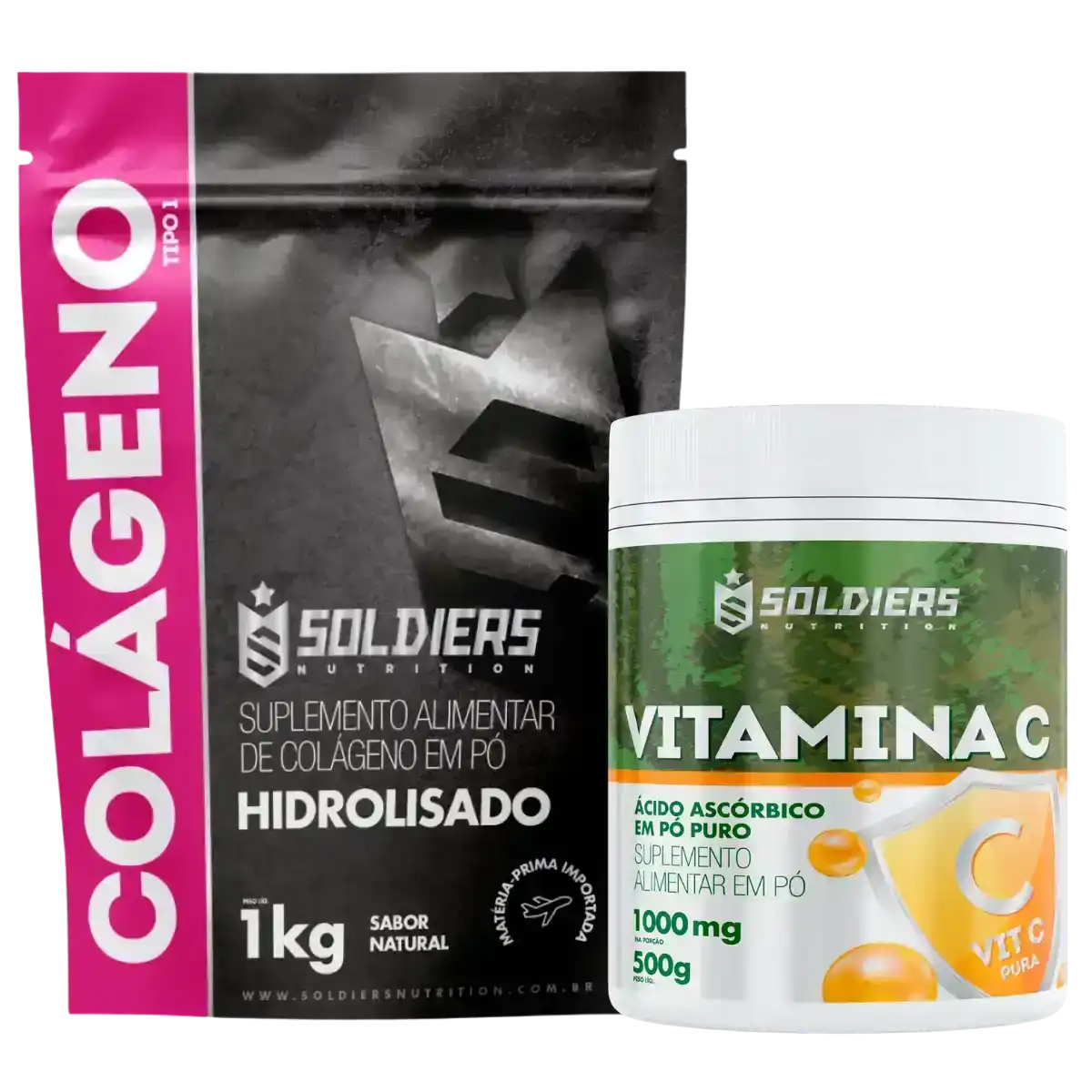 Suplemento de colágeno hidrolisado em pó 1kg e vitamina C em pó puro 500g lado a lado.