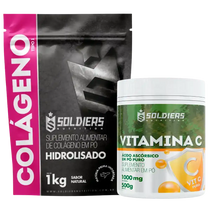 Suplemento de colágeno hidrolisado em pó 1kg e vitamina C em pó puro 500g lado a lado.