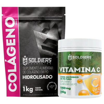 Suplemento de colágeno hidrolisado em pó 1kg e vitamina C em pó puro 500g lado a lado.