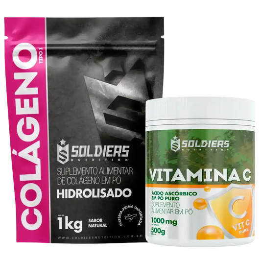 Suplemento de colágeno hidrolisado em pó 1kg e vitamina C em pó puro 500g lado a lado.