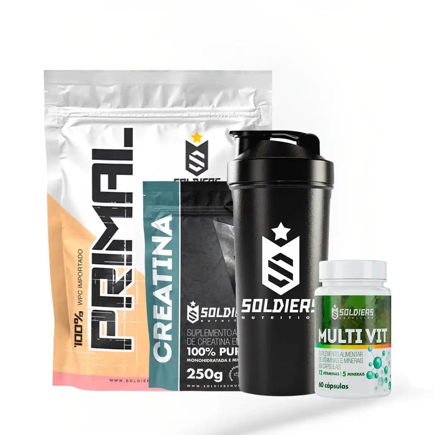 Kit de suplementos esportivos com whey protein, creatina, multivitamínico e shaker preto.