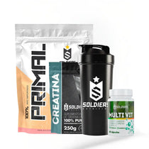 Kit de suplementos esportivos com whey protein, creatina, multivitamínico e shaker preto.
