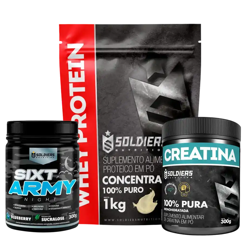 Kit de suplementos: whey protein, creatina e Sixt Army sabor blueberry em embalagens destacadas.