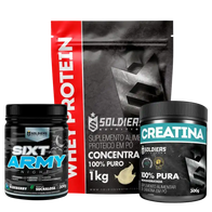Kit: Whey Protein Concentrado 1kg+Creatina Monohidratada Pote 300g - 100% Pura+Pré-Treino Sixt Army Night 300g - Soldier