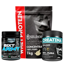 Kit de suplementos: whey protein, creatina e Sixt Army sabor blueberry em embalagens destacadas.