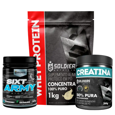 Kit de suplementos: whey protein, creatina e Sixt Army sabor blueberry em embalagens destacadas.