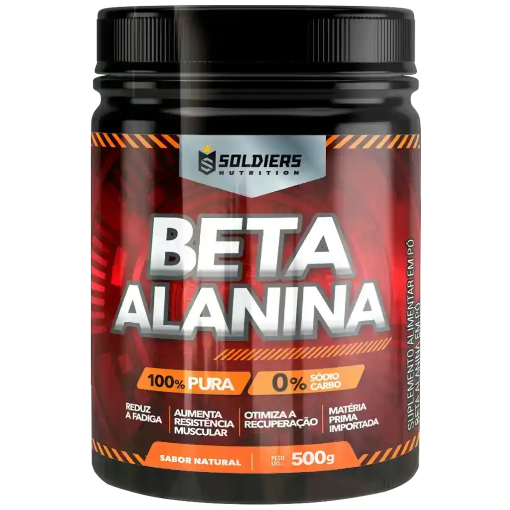 Pote de suplemento alimentar Beta Alanina em pó sabor natural, 500g, etiqueta vermelha.