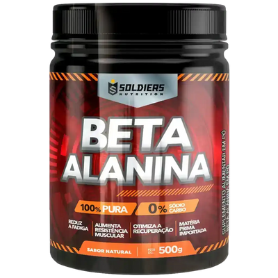 Pote de suplemento alimentar Beta Alanina em pó sabor natural, 500g, etiqueta vermelha.