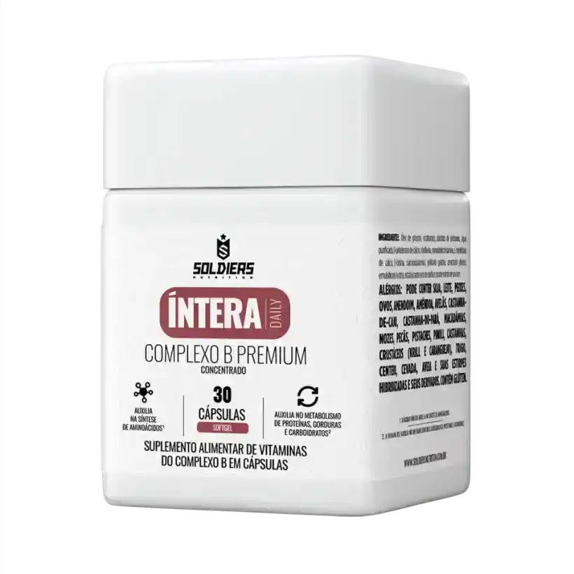 Frasco de suplemento alimentar complexo B premium concentrado com 30 cápsulas, rótulo branco.