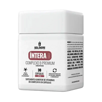 Frasco de suplemento alimentar complexo B premium concentrado com 30 cápsulas, rótulo branco.