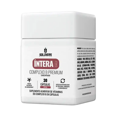 Frasco de suplemento alimentar complexo B premium concentrado com 30 cápsulas, rótulo branco.