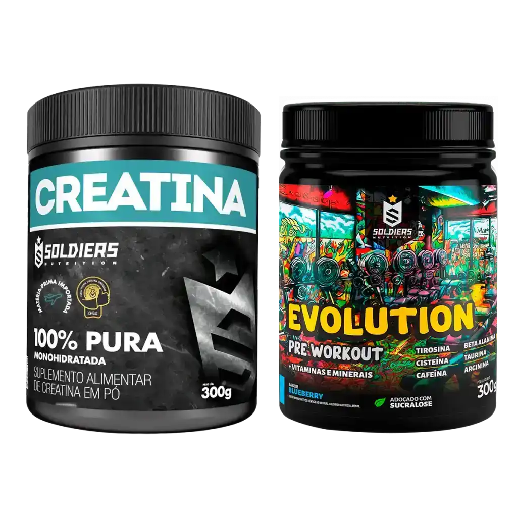 Duas embalagens de suplemento alimentar: creatina em pó e pré-treino evolution, 300g cada.