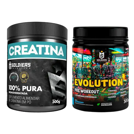 Duas embalagens de suplemento alimentar: creatina em pó e pré-treino evolution, 300g cada.