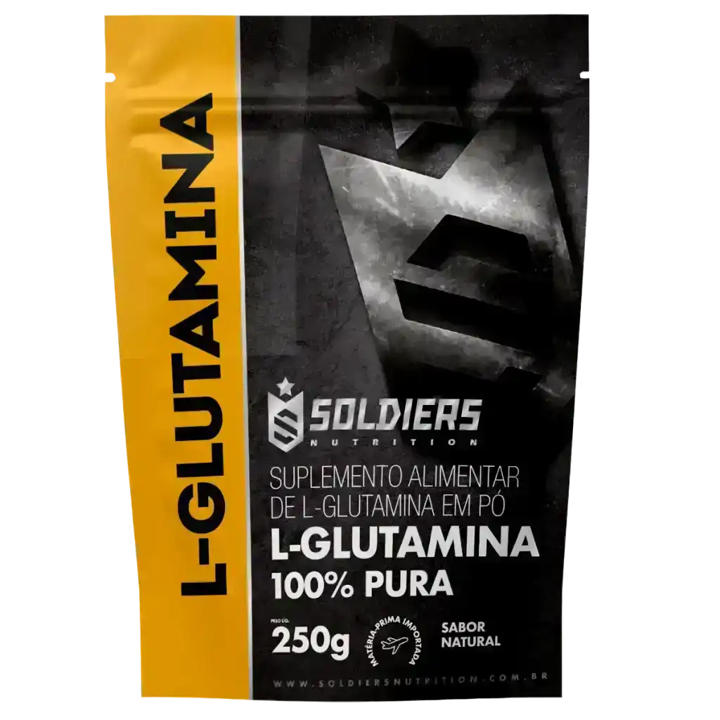 Embalagem de suplemento alimentar L-Glutamina em pó 100% pura, 250g, sabor natural.
