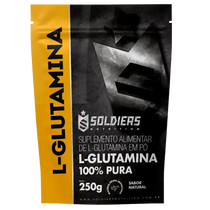 Embalagem de suplemento alimentar L-Glutamina em pó 100% pura, 250g, sabor natural.