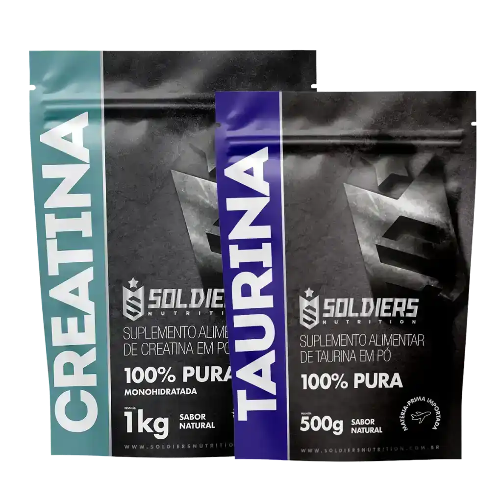 Pacotes de suplemento alimentar em pó, creatina e taurina, 100% pura, 1kg e 500g.