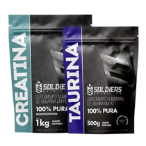 Pacotes de suplemento alimentar em pó, creatina e taurina, 100% pura, 1kg e 500g.