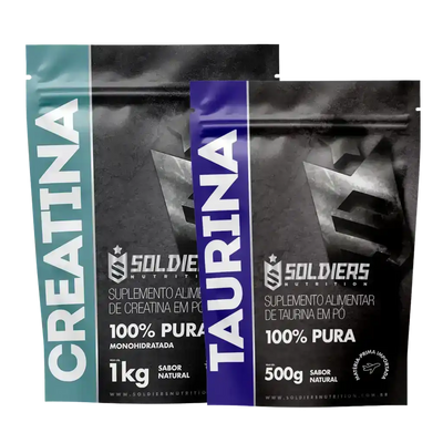 Pacotes de suplemento alimentar em pó, creatina e taurina, 100% pura, 1kg e 500g.
