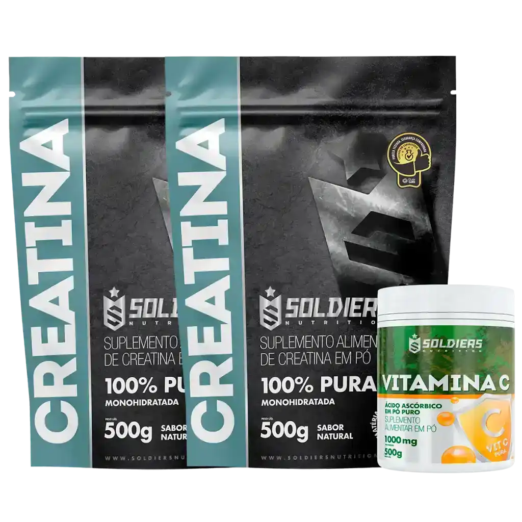 Dois pacotes de creatina monohidratada 500g e pote de vitamina C em pó 500g, suplementos alimentares.