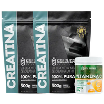 Dois pacotes de creatina monohidratada 500g e pote de vitamina C em pó 500g, suplementos alimentares.