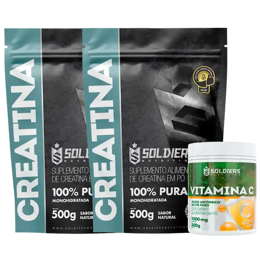 Dois pacotes de creatina monohidratada 500g e pote de vitamina C em pó 500g, suplementos alimentares.