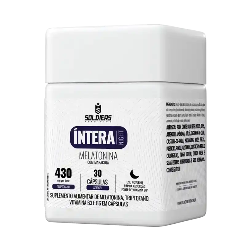 Pote de suplemento alimentar Íntera Night com melatonina, triptofano, vitamina B3 e B6, 30 cápsulas