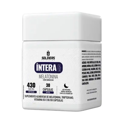 Pote de suplemento alimentar Íntera Night com melatonina, triptofano, vitamina B3 e B6, 30 cápsulas