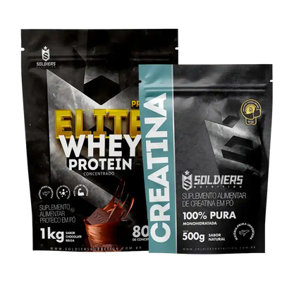 Pacotes de suplemento whey protein chocolate belga e creatina pura em pó sobre fundo preto.
