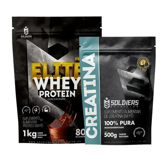 Pacotes de suplemento whey protein chocolate belga e creatina pura em pó sobre fundo preto.