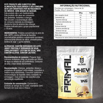 Embalagem de whey protein sabor baunilha, informações nutricionais e ingredientes em destaque.