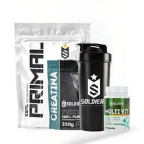 Kit de suplementos com whey protein, creatina, multivitamínico e coqueteleira preta