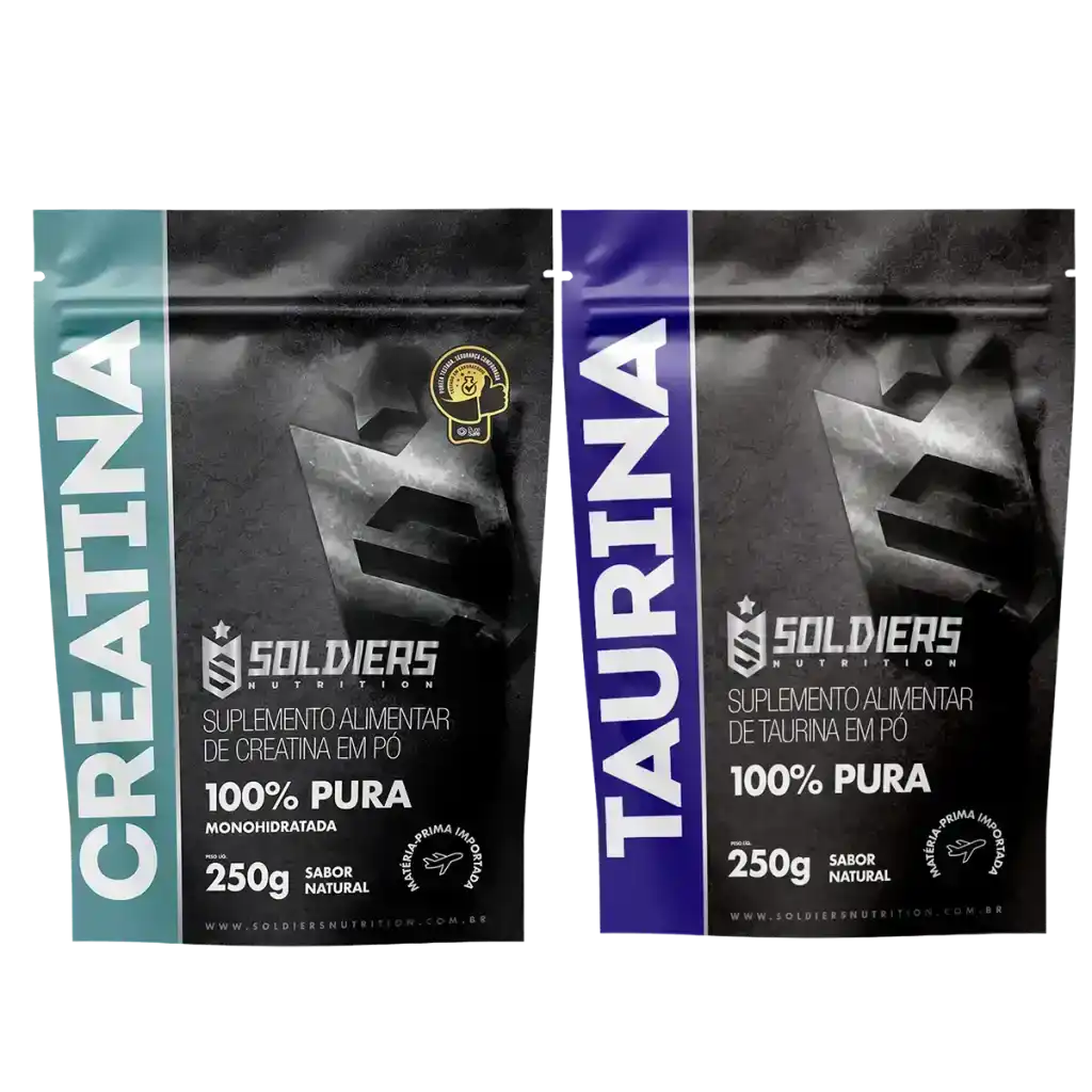 Pacotes de suplementos alimentares em pó, creatina monohidratada e taurina, 250g cada, sabor natural.