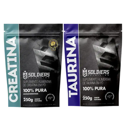 Pacotes de suplementos alimentares em pó, creatina monohidratada e taurina, 250g cada, sabor natural.