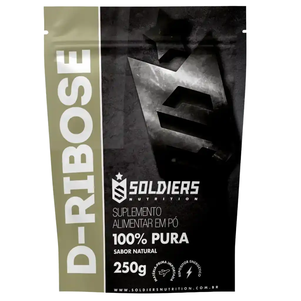 Embalagem de suplemento D-Ribose em pó 100% puro, sabor natural, 250g, suplemento alimentar.