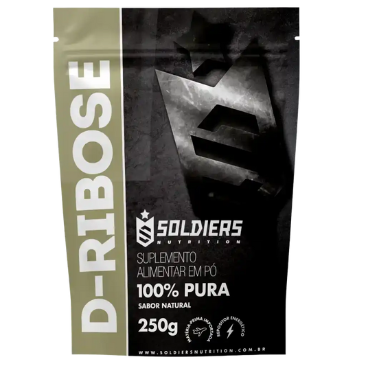 Embalagem de suplemento D-Ribose em pó 100% puro, sabor natural, 250g, suplemento alimentar.